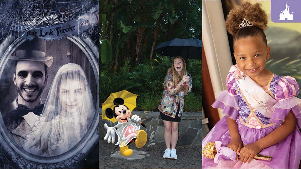 rainy-days-disney-world-photopass A collage featuring a vintage couple in a photo booth, a girl with an umbrella and Mickey Mouse, and a girl in a princess dress.