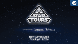 Logo for "Star Tours" with text announcing new adventures coming in 2024, set against a starry background.