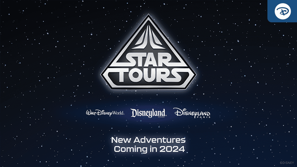 Logo for "Star Tours" with text announcing new adventures coming in 2024, set against a starry background.
