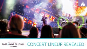 A lively concert scene with a performer on stage, vibrant lights, and an audience enjoying the show. Text below announces a concert lineup.