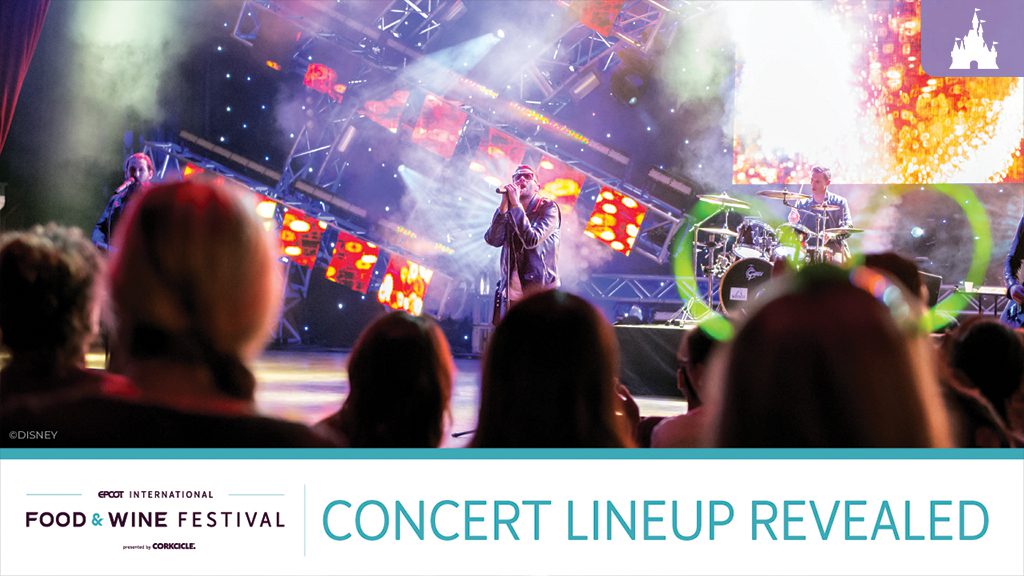 2023-eat-to-the-beat-epcot A lively concert scene with a performer on stage, vibrant lights, and an audience enjoying the show. Text below announces a concert lineup.