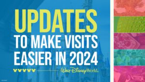 Text graphic announcing updates for easier visits to Walt Disney World in 2024, with a castle backdrop and colorful design elements.