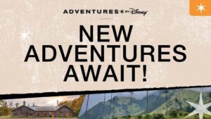 A promotional image featuring the text "New Adventures Await!" in a bold font, with a rustic background and travel-themed visuals.