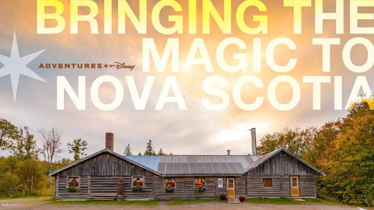 A rustic wooden building surrounded by greenery under a colorful sunset, with the text "Bringing the Magic to Nova Scotia" prominently displayed.