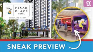 Image of Pixar Place Hotel at Disneyland Resort, featuring colorful exterior and a sneak preview of themed interiors.