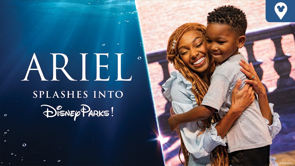 A joyful moment featuring a woman and a child embracing, with an announcement for Ariel's arrival at Disney Parks in the background.