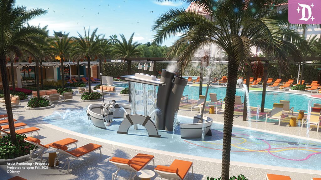 A vibrant pool area features palm trees, lounge chairs, and a modern water feature. Bright sunlight illuminates the relaxing atmosphere.