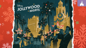 A festive scene with musicians and dancers under palm trees, showcasing a holiday celebration at Disney’s Jollywood Nights.