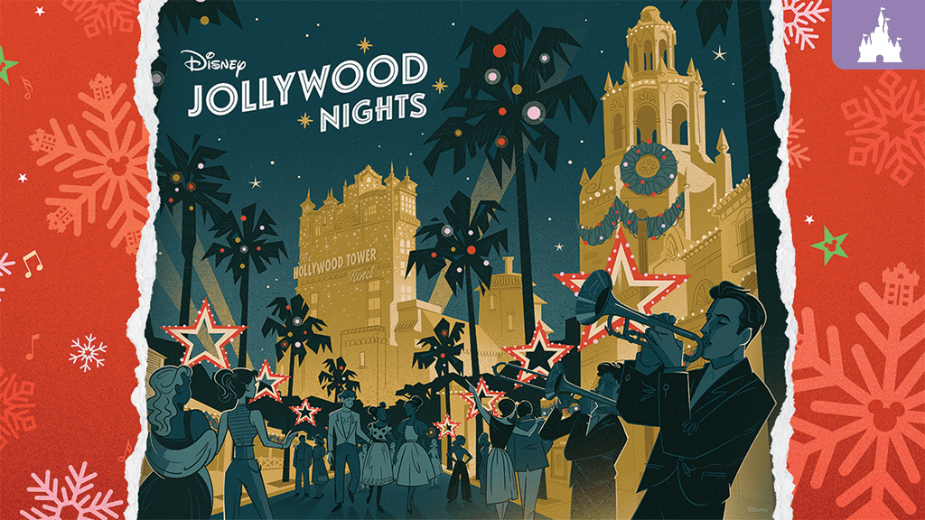 A festive scene with musicians and dancers under palm trees, showcasing a holiday celebration at Disney’s Jollywood Nights.