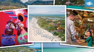 A collage featuring beach views, family interactions, and animated characters, evoking a fun vacation atmosphere.