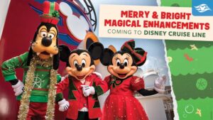 Goofy, Mickey, and Minnie Mouse dressed in festive holiday attire, promoting magical enhancements for Disney Cruise Line.