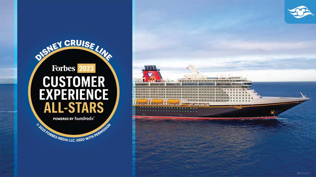 disney-cruise-line-recognized-for-exemplary-service A Disney cruise ship sails in open water, accompanied by a badge highlighting Disney Cruise Line as a 2017 Forbes Customer Experience All-Star.