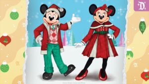 Mickey and Minnie Mouse are dressed in festive holiday outfits, standing cheerfully against a snowy, decorated background.
