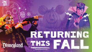 A colorful promotional image featuring a violinist and a character resembling a villain, announcing a fall event at Disneyland.