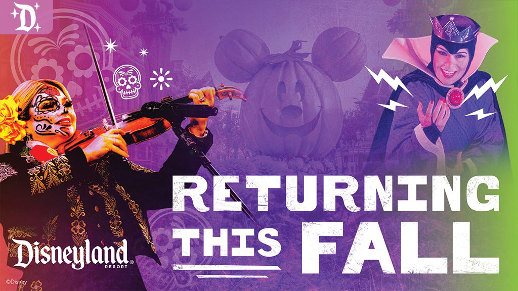 A colorful promotional image featuring a violinist and a character resembling a villain, announcing a fall event at Disneyland.