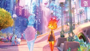 Two animated characters, one resembling fire and the other water, stroll through a vibrant, futuristic cityscape filled with colorful plants.