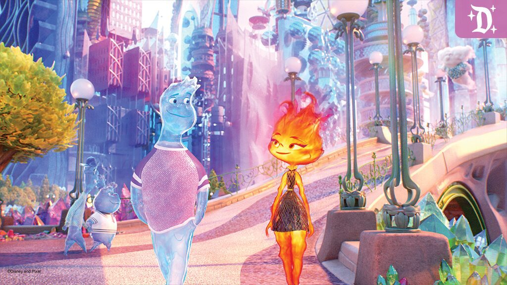 elemental Two animated characters, one resembling fire and the other water, stroll through a vibrant, futuristic cityscape filled with colorful plants.