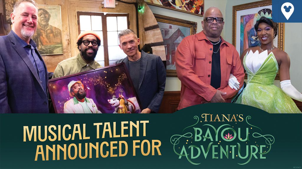 A group poses together, celebrating the announcement of musical talent for "Tiana's Bayou Adventure," featuring a character in a green dress.