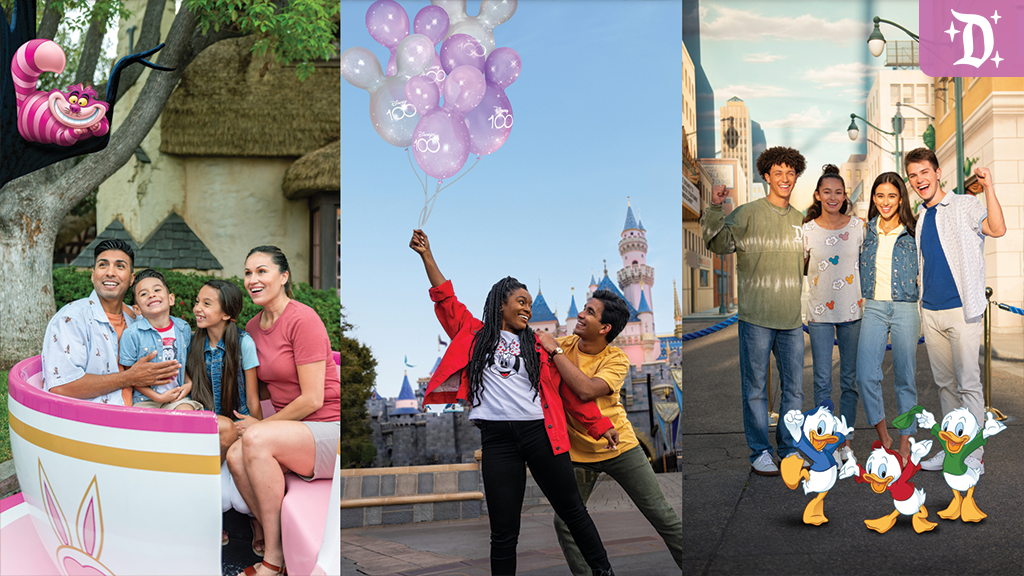 A collage featuring a family on a ride, friends with balloons in front of Disneyland, and a group posing with Disney characters.