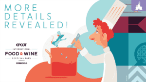 A chef stirs a pot, accompanied by a small mouse, promoting the EPCOT International Food & Wine Festival with the text "More Details Revealed!"