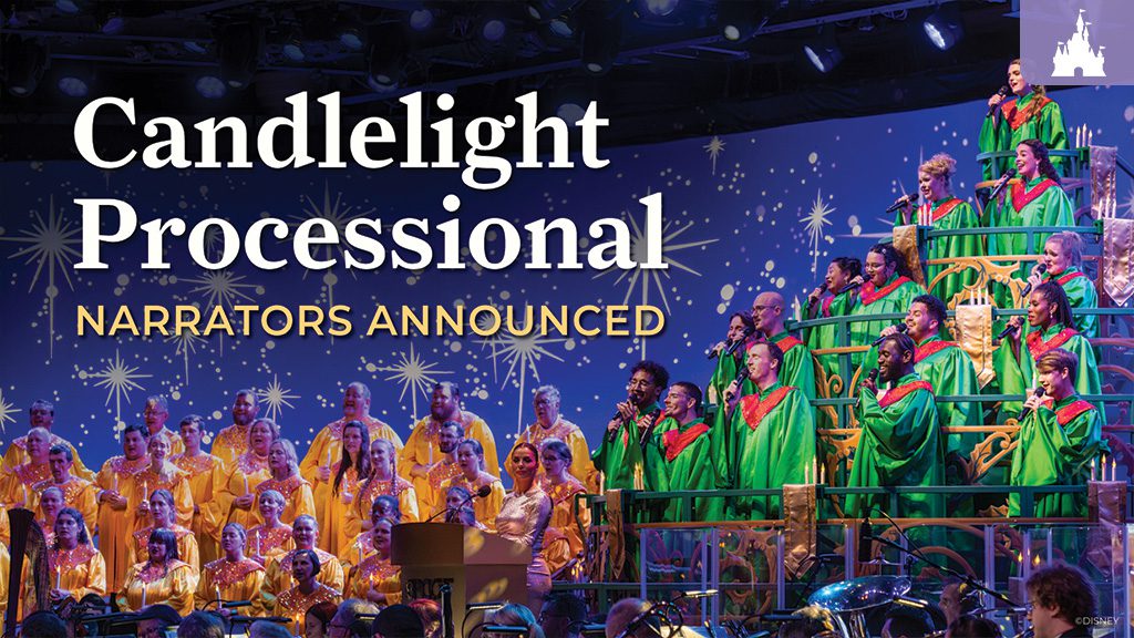 2024-epcot-candlelight-processional A choir dressed in green and yellow robes performs on a tiered stage at the Candlelight Processional. The stage is decorated with gold stars and ornaments, while the words "Candlelight Processional - Narrators Announced" are displayed prominently at the top left.