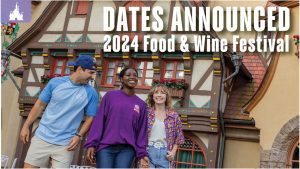 Three friends walk together in front of a colorful building, promoting the 2024 Food & Wine Festival with the text "Dates Announced."