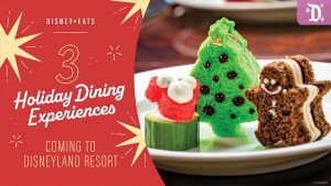 Three festive treats: a Santa hat cucumber bite, a green Christmas tree sandwich, and a gingerbread man sandwich. Text reads "3 Holiday Dining Experiences."
