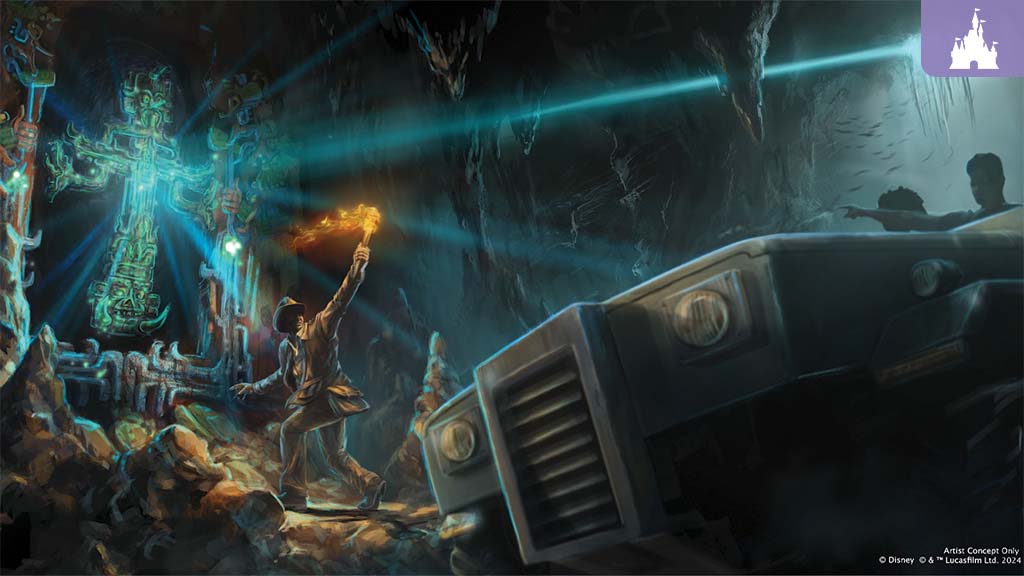 Explorer holding a torch toward a glowing carved relief in a cave, next to a parked off-road vehicle with silhouetted passengers.
