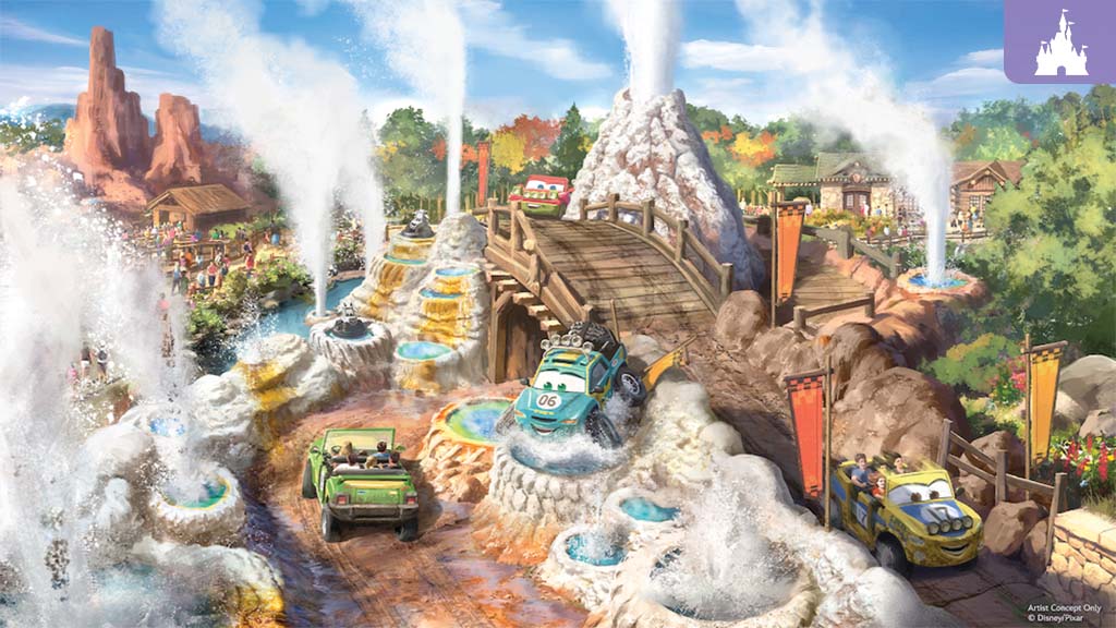 Off-road ride vehicles splash through rocky pools and steam vents under a wooden bridge in a busy theme park scene