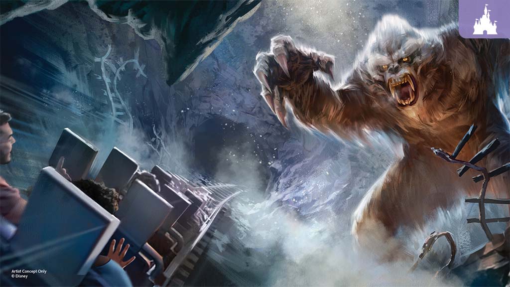 Roller coaster passengers jerk back in their seats as a giant white-furred monster lunges in a dark icy cave