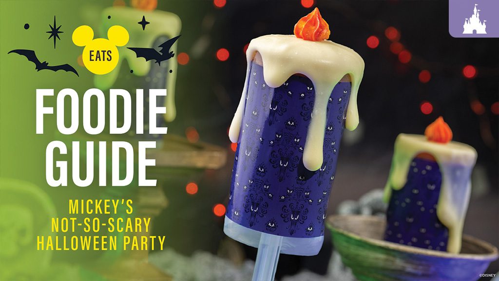 Colorful dessert resembling a candle, with purple wax and dripping icing, featured on a graphic for Mickey’s Not-So-Scary Halloween Party.