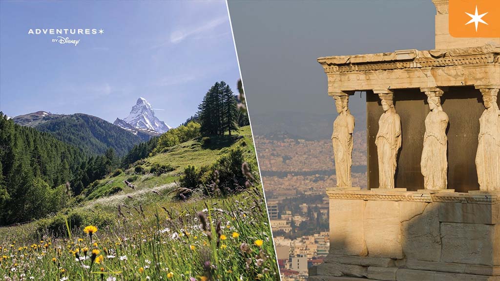 adventures-by-disney-greece-switzerland Split image showing the Matterhorn mountain in Switzerland with alpine meadows, and ancient Caryatid columns at the Erechtheion in Athens, Greece.
