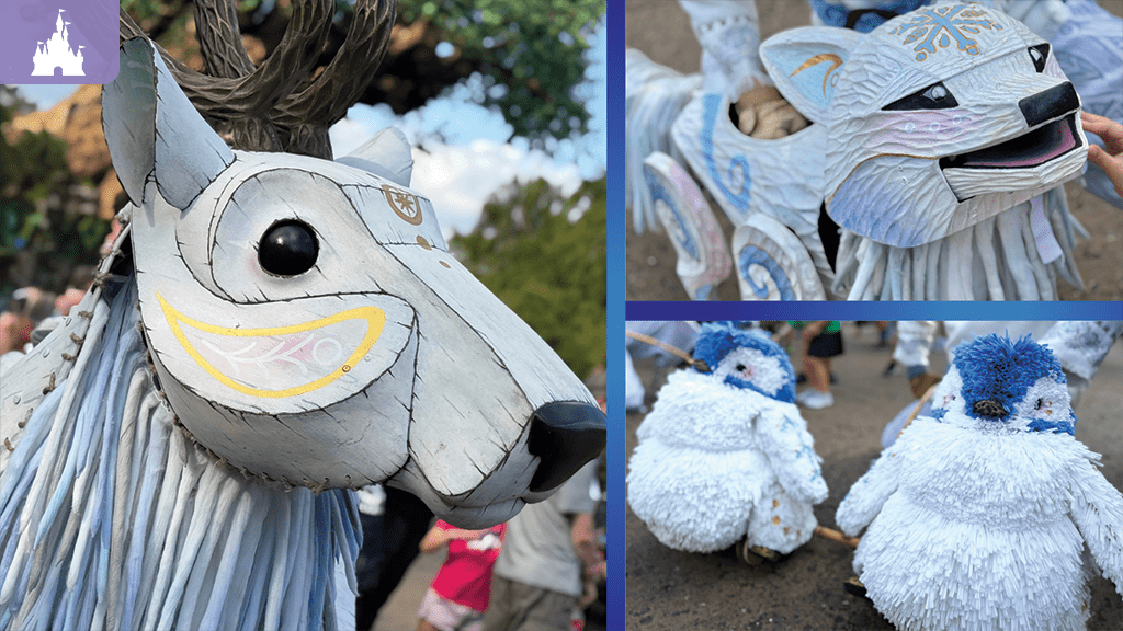 Whimsical animal puppets at Disney’s Animal Kingdom’s Merry Menagerie, featuring a reindeer, fox, and fluffy white-and-blue penguins.