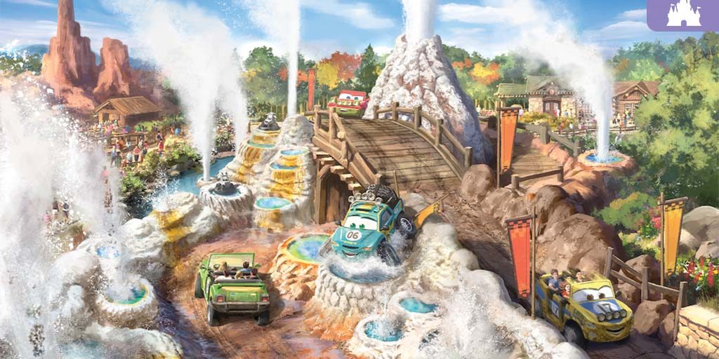 Off-road ride vehicles splash through rocky pools and steam vents under a wooden bridge in a busy theme park scene