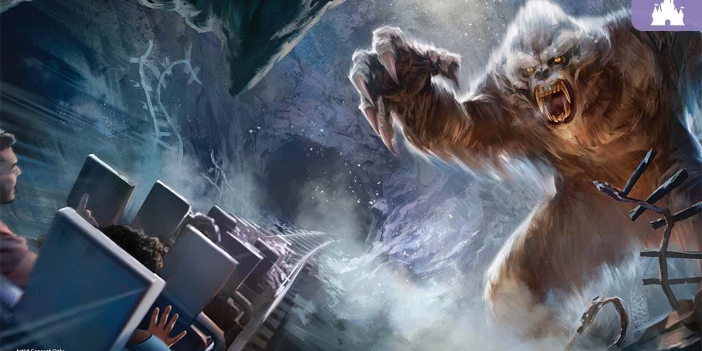 Roller coaster passengers jerk back in their seats as a giant white-furred monster lunges in a dark icy cave