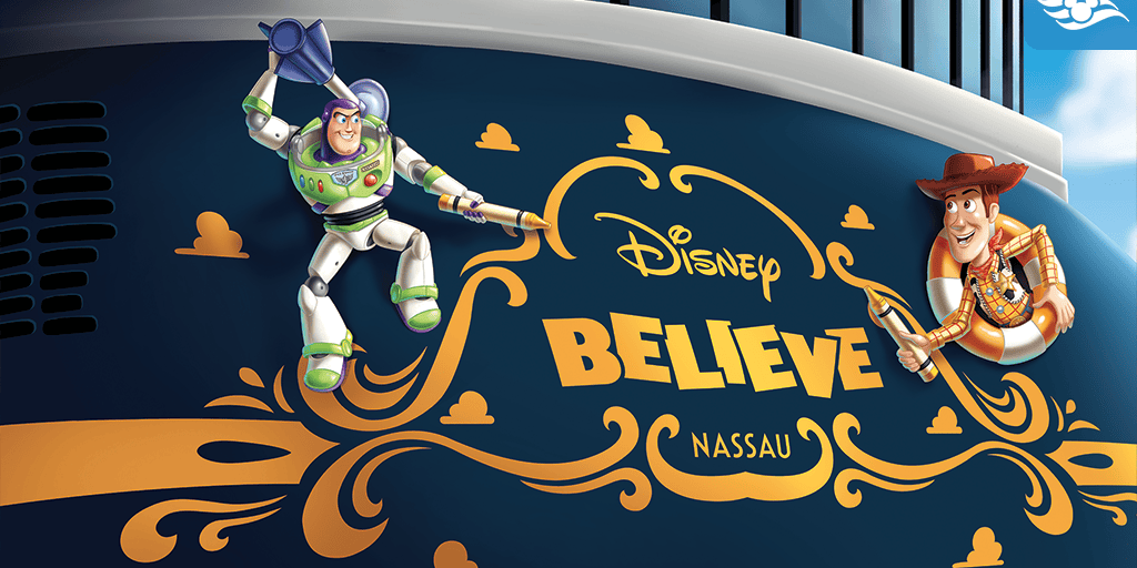 Buzz Lightyear and Woody painting golden swirls on a dark blue background with “Disney BELIEVE NASSAU” text and a cruise line logo