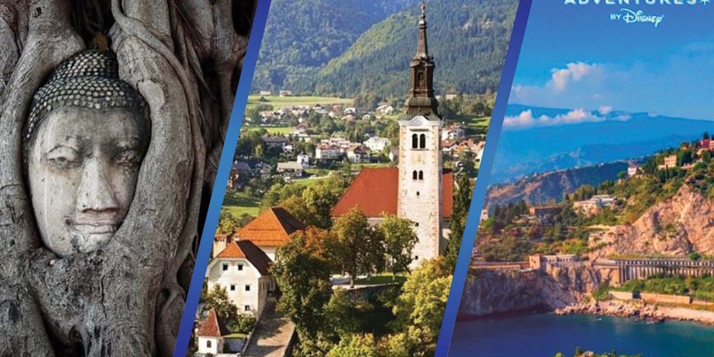 Adventures by Disney 2027 trips featuring a Buddha statue in tree roots in Thailand, Lake Bled in Slovenia, and the Amalfi Coast in Italy
