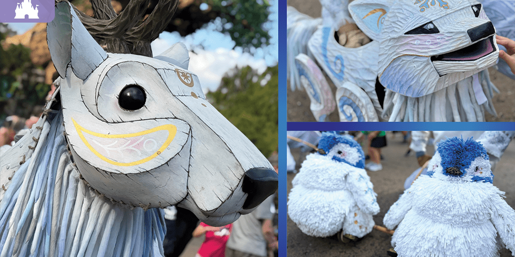 Whimsical animal puppets at Disney’s Animal Kingdom’s Merry Menagerie, featuring a reindeer, fox, and fluffy white-and-blue penguins.