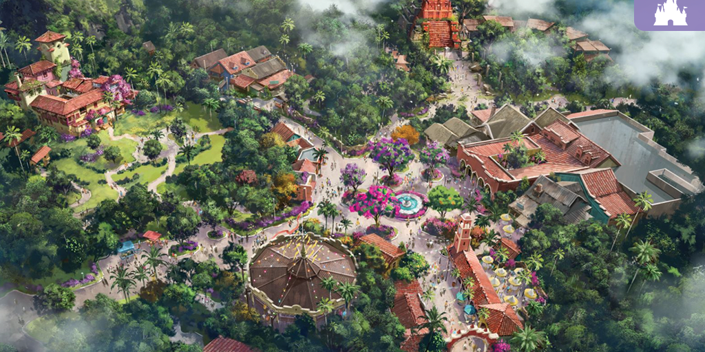 Aerial concept art of Tropical Americas at Disney's Animal Kingdom, featuring Pueblo Esperanza's colorful plaza, lush rainforest, and a towering Maya temple.