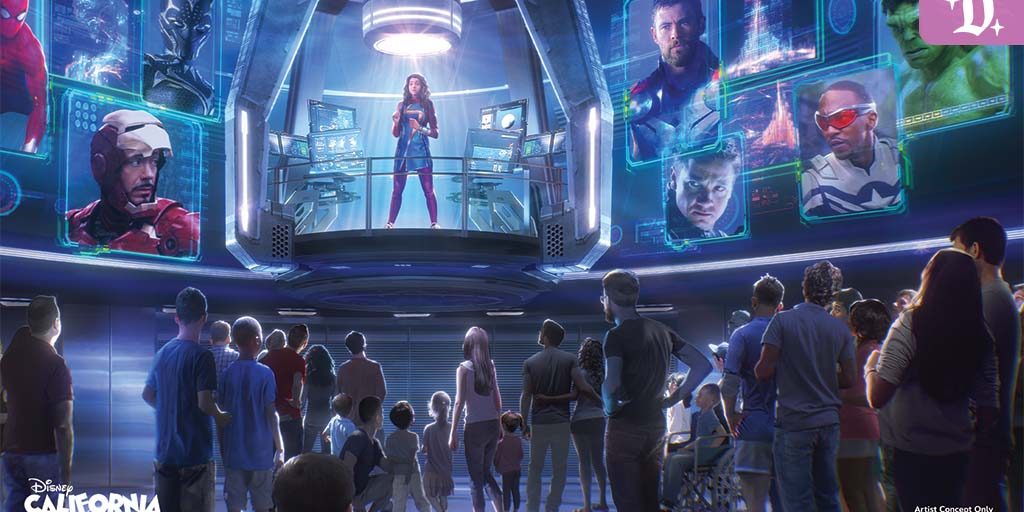 Visitors gather in a futuristic hall watching a woman in an elevated glass chamber surrounded by holographic screens of various superheroes