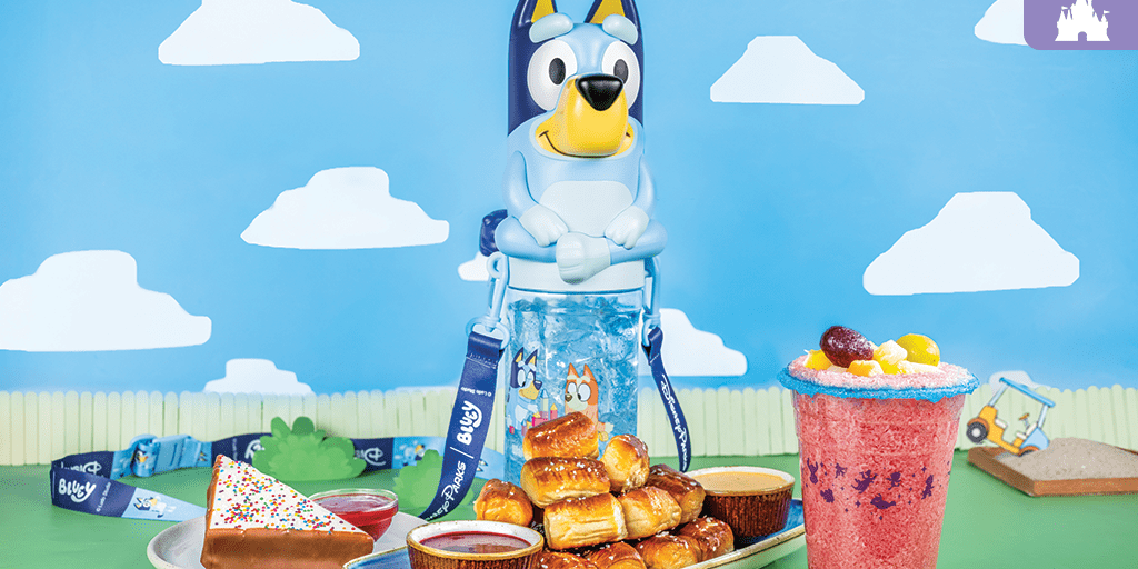Bluey-themed food and drinks at Disney's Animal Kingdom, including fairy bread cake, mini pretzels, berry lemonade, and a Bluey sipper cup.