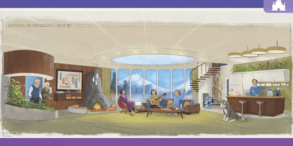 Concept art for Carousel of Progress Act IV showing an animated family gathered in a futuristic off-planet home with panoramic mountain views and a small robot.