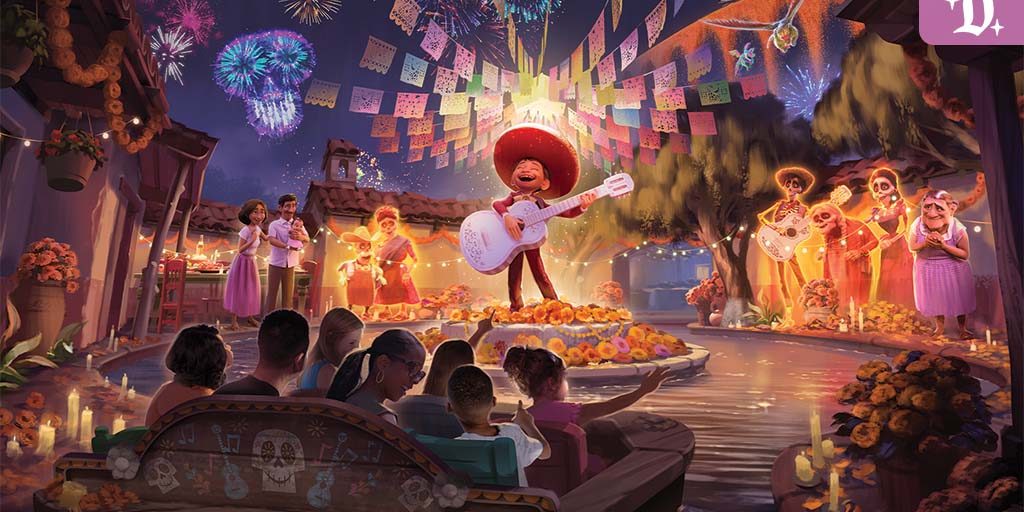 Family in a lantern-lit boat floats along a courtyard river as a sombrero-clad guitarist stands on marigolds under papel picado and fireworks