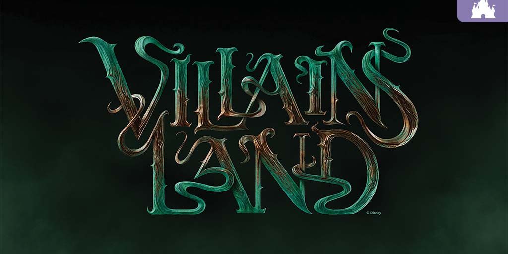 Stylized Villains Land lettering in green and brown wood-textured font against a dark background