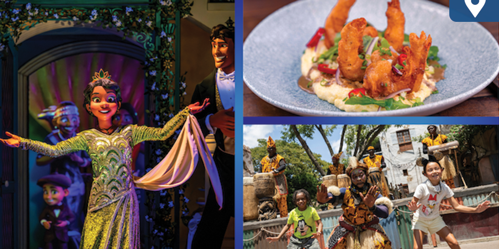 Princess Tiana dancing in a sparkling green gown, crispy shrimp dish on creamy polenta, and kids dancing with Tam Tam Drummers at Disney Parks for Black History Month.