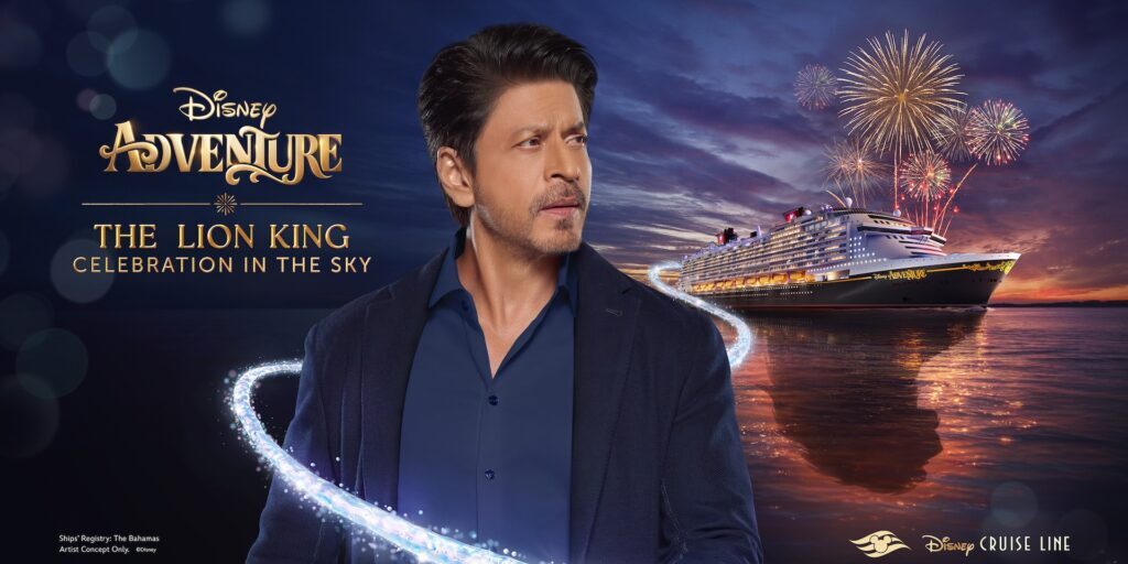 Shah Rukh Khan with Disney Adventure cruise ship and fireworks promoting The Lion King: Celebration in the Sky at sea.