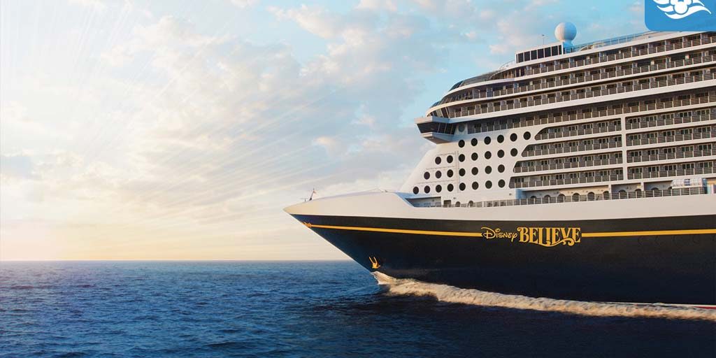 Disney Believe cruise ship sailing at sunset, showcasing sleek design and ocean views in a concept rendering