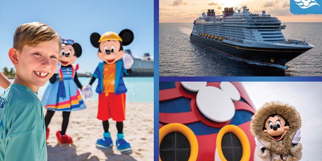Smiling child on a beach with Mickey and Minnie, cruise ship at sea, and Minnie Mouse in winter attire near a Disney ship funnel.