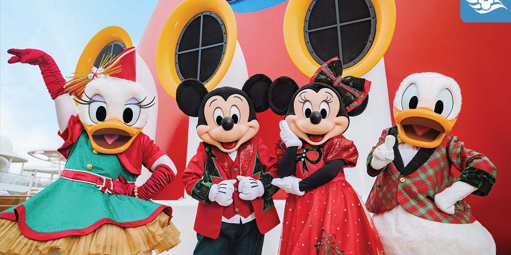 Disney characters Daisy Duck, Mickey Mouse, Minnie Mouse, and Donald Duck in festive holiday outfits on a Disney Cruise ship.