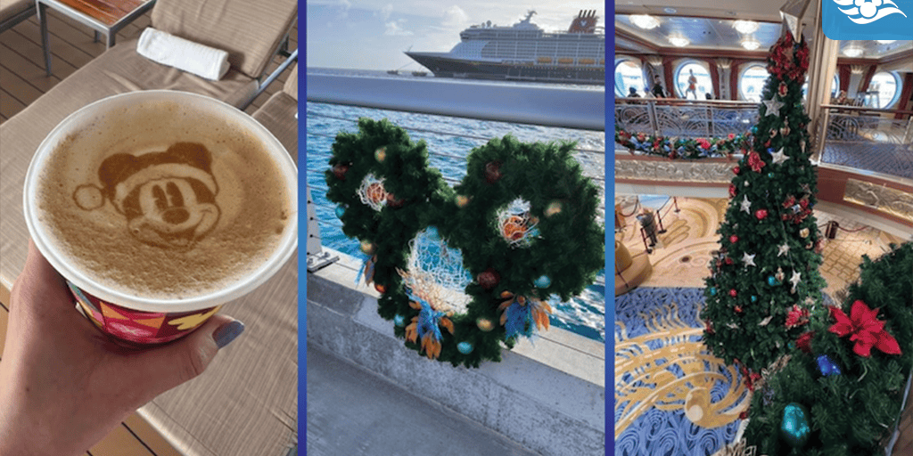 Three-panel holiday cruise scene: Mickey latte art, Mickey-shaped wreaths by the ship, and a decorated tree in the atrium.